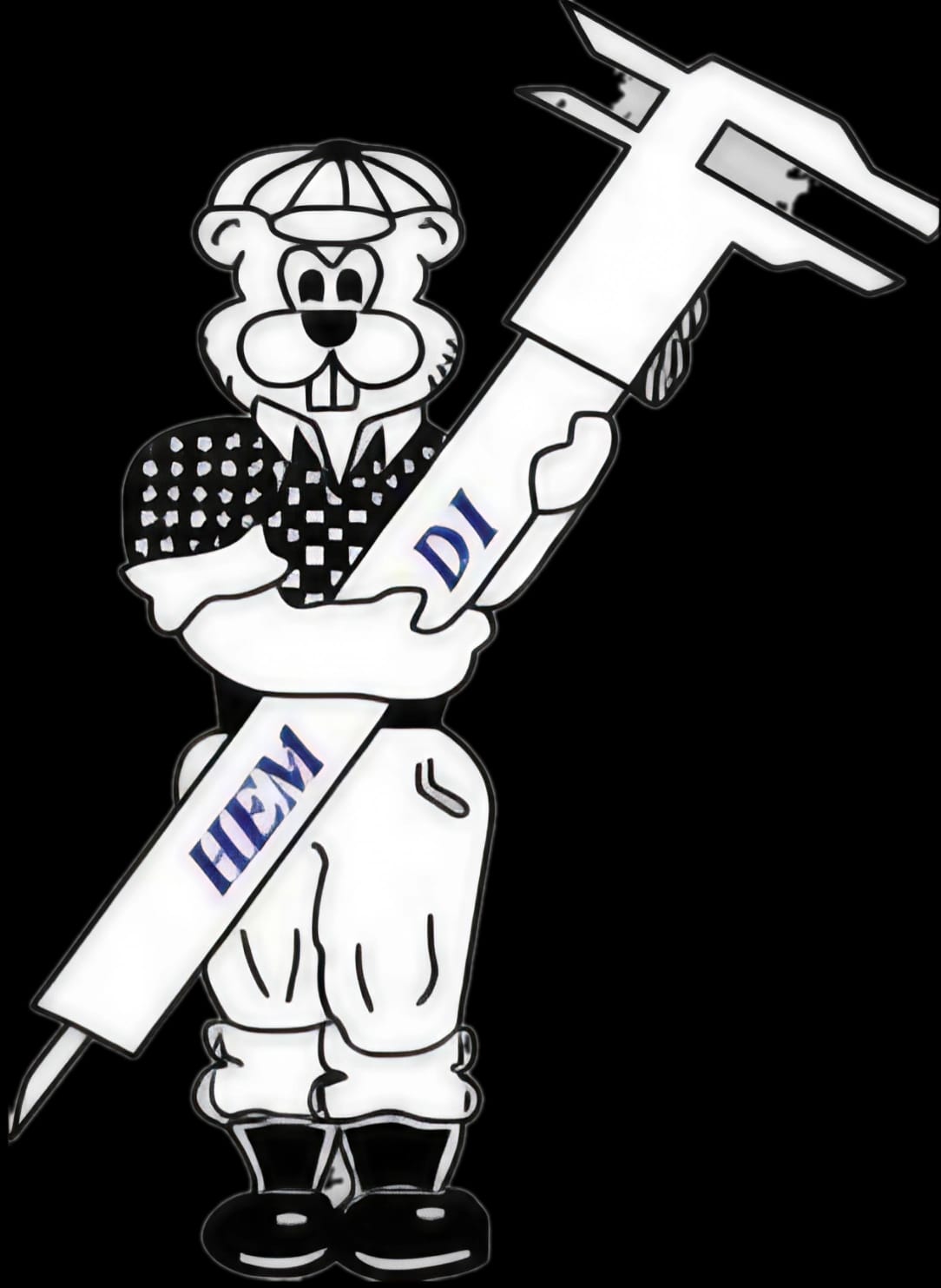 Logotipo HEMDI: castor con casco abrazando un calibrador vernier